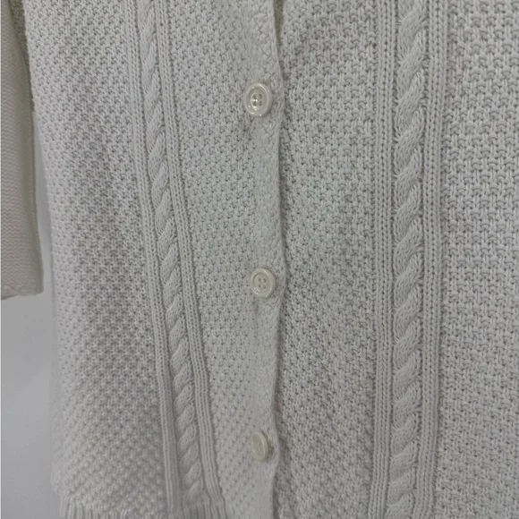 Heather B White Textured Cable Knit Button Front Cardigan 100% Cotton 3/4 Sleeve - Picture 3 of 6